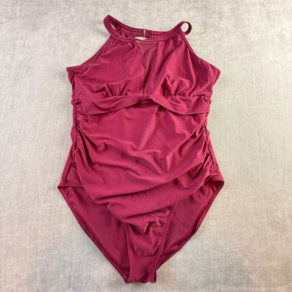 Berry Pink High Neck Mesh One Piece Swimsuit Ruched Front Size XXXL S001